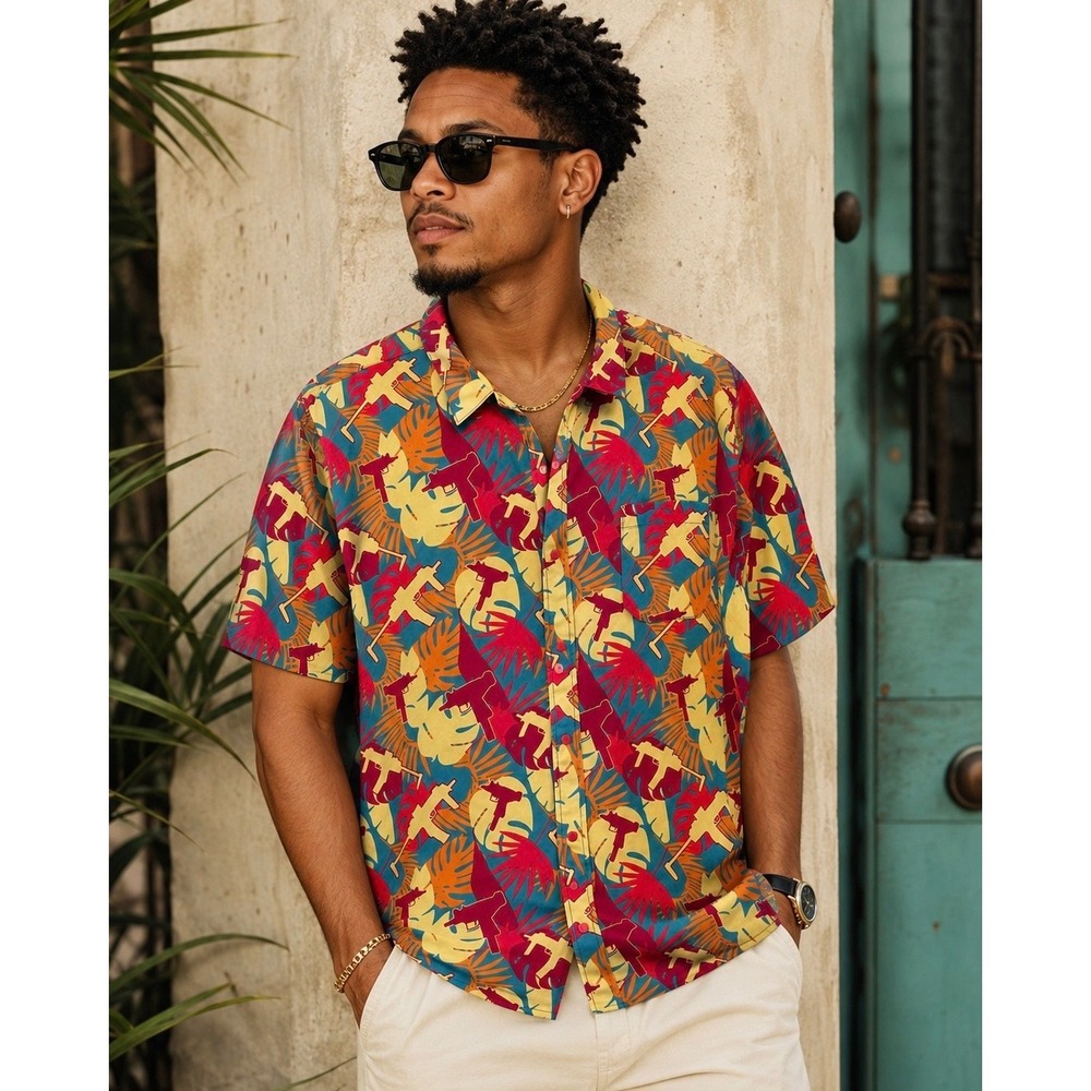 Savage Tacticians XXL Tropical Gun Print Snap Front‎ Shirt 90/10 Stretch
